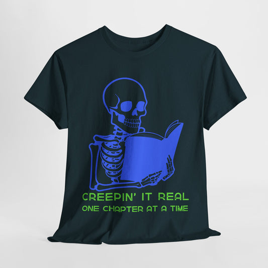 Teen/Adult Unisex Creepin’ It Real T-Shirt – Skeleton Horror Reader Graphic Tee
