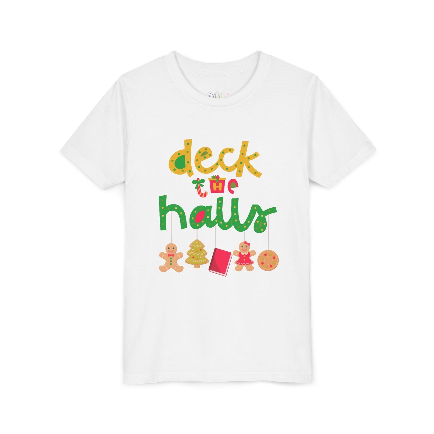 White  t-shirt with Christmas deck the halls theme with dangling ornaments
