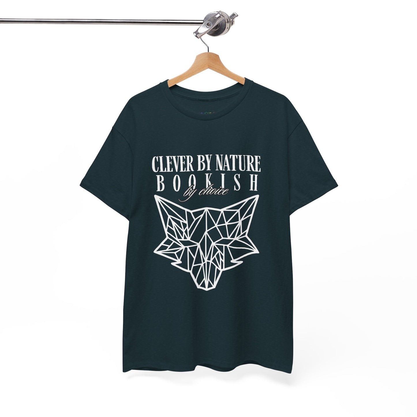 Teal t-shirt with white geometric fox design and text 'Clever by Nature, Bookish By Choice'