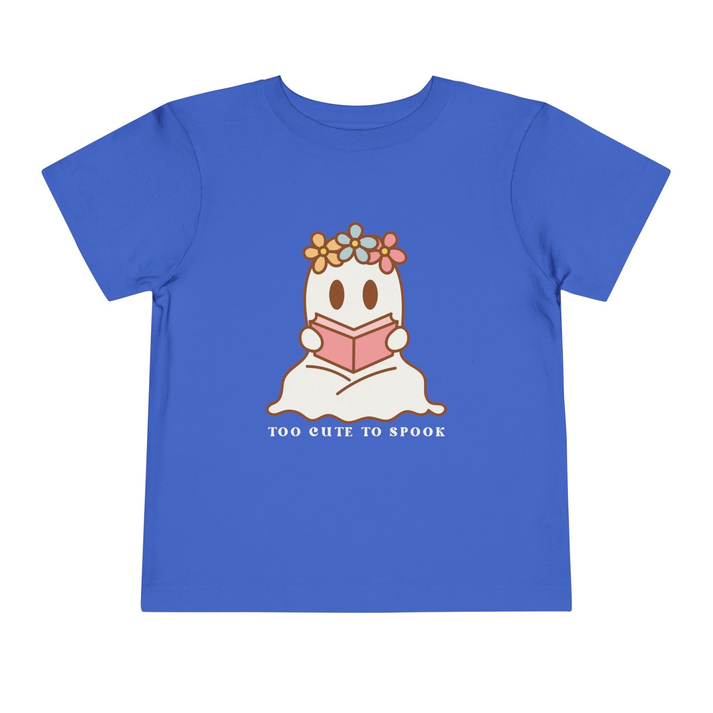 Blue toddler t-shirt with a ghost reading a book and 'Too Cute to Spook' text on a white background