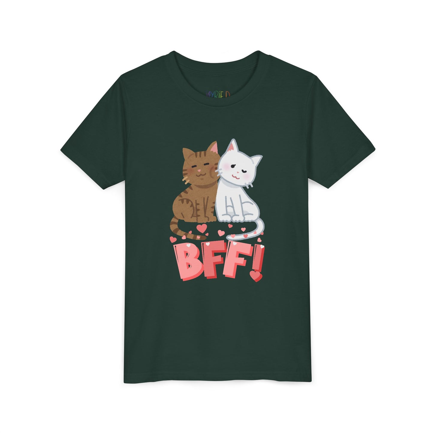Dark green t-shirt with two cats snuggled up with hearts and 'BFF!' text
