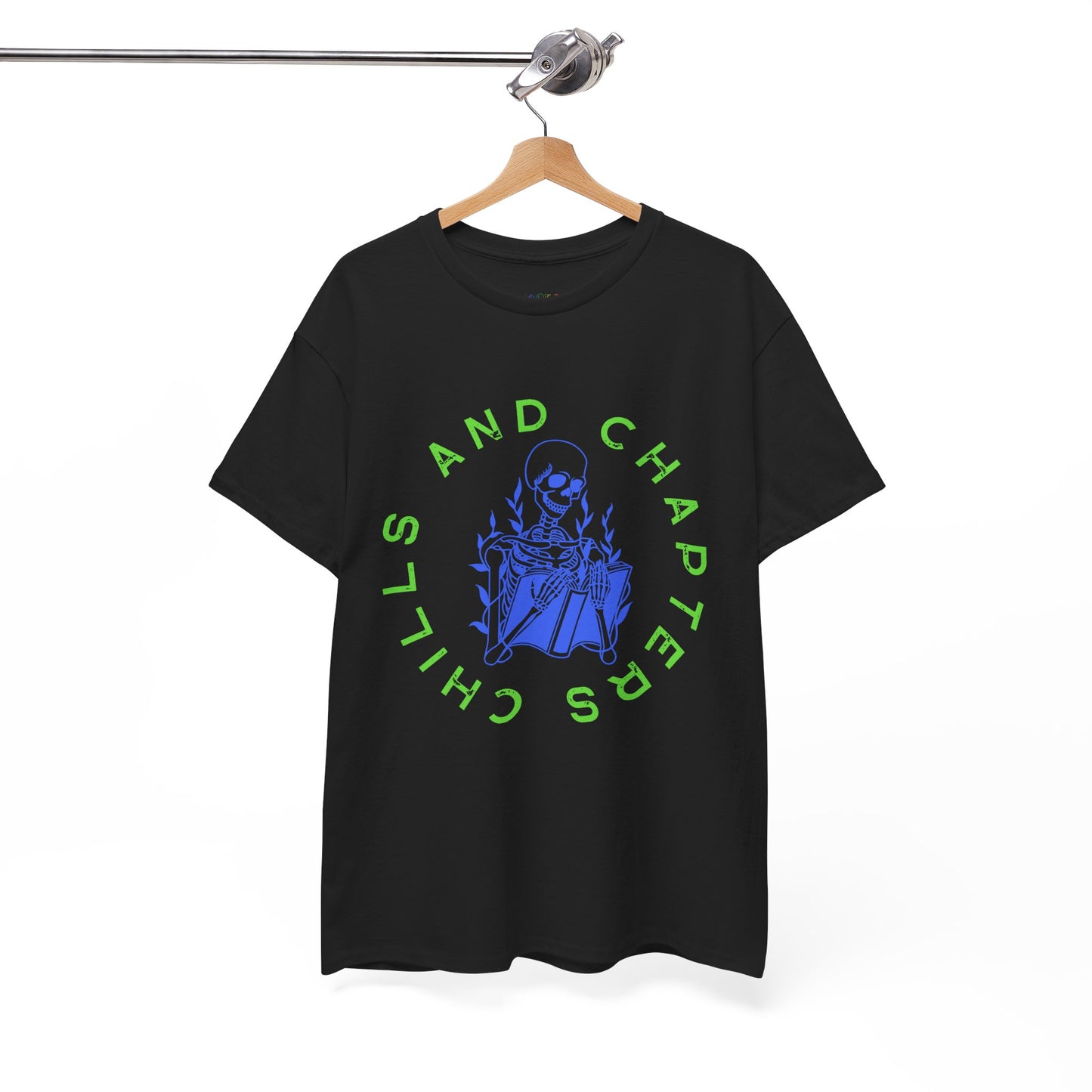 Teen/Adult Unisex Chills and Chapters T-Shirt â€“ Skeleton Horror Reader Graphic Tee