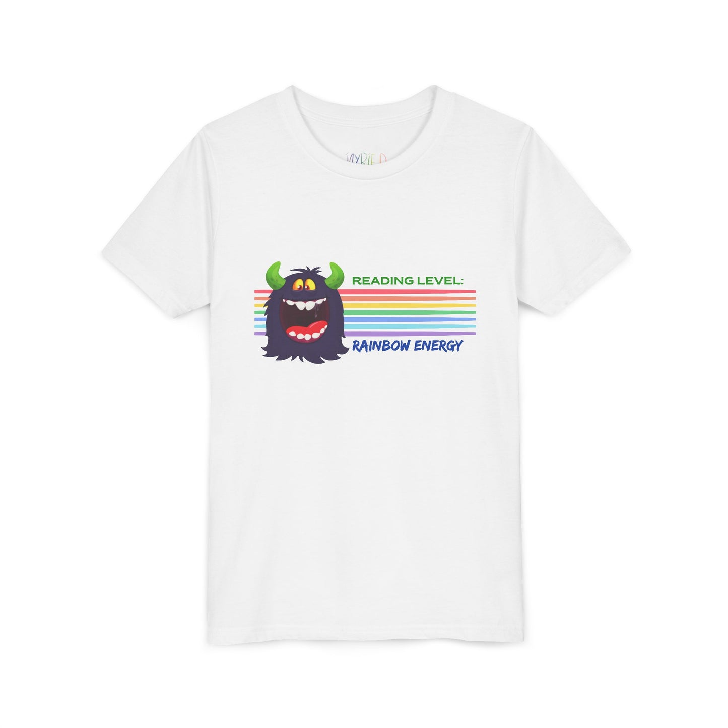 White t-shirt with a cartoon monster, horizontal rainbow strips and text 'Reading Level: RAINBOW ENERGY' 