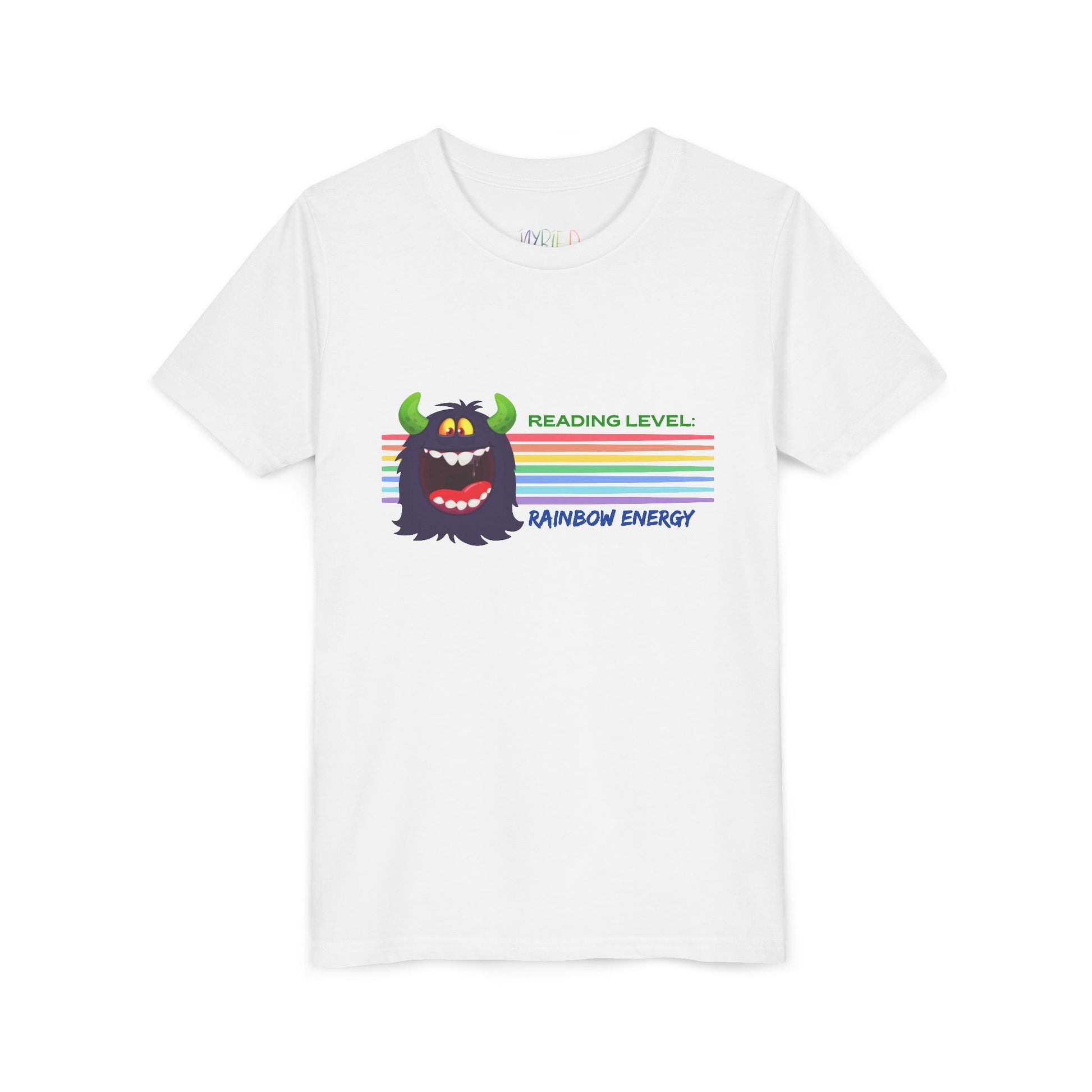White t-shirt with a cartoon monster, horizontal rainbow strips and text 'Reading Level: RAINBOW ENERGY' 