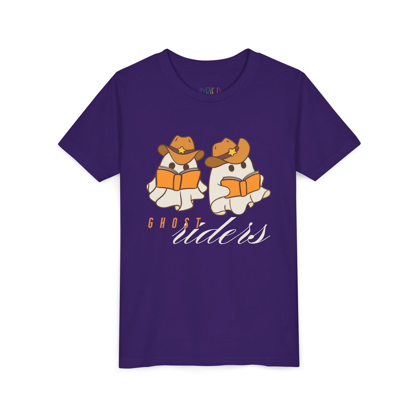 Purple t-shirt with cowboy hat wearing ghost reading books and text 'Ghost Riders'