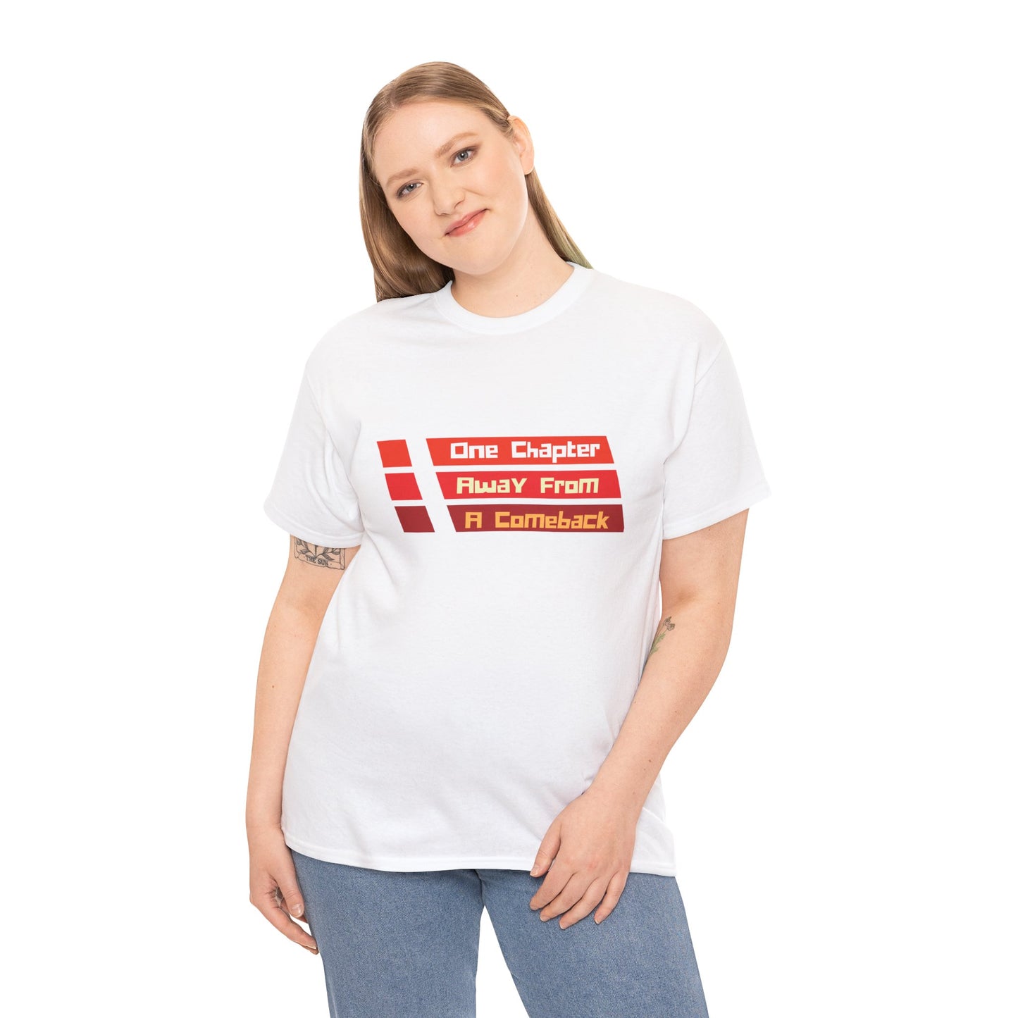 Woman wearing a white t-shirt with red lines and text in each 'One Chapter Away From A Comeback'