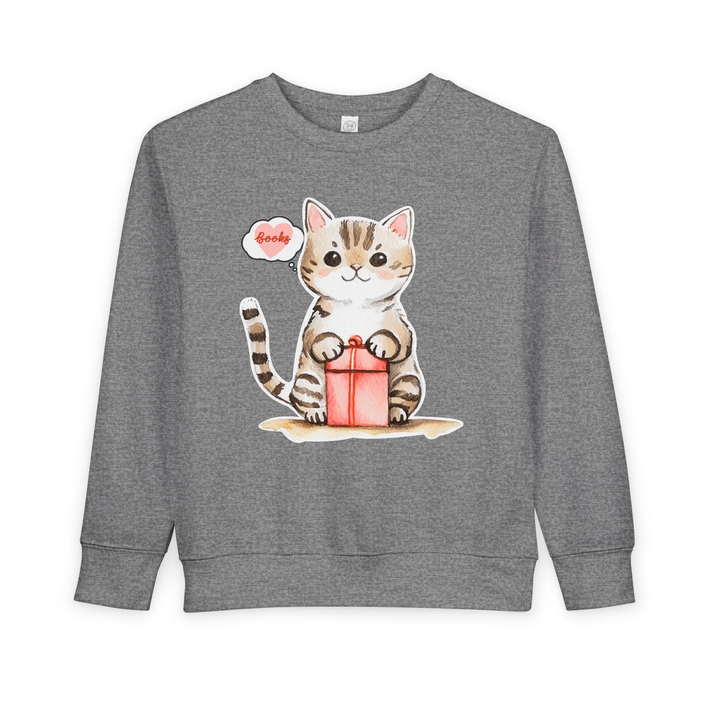 Gray toddler sweatshirt with a cat with a thought bubble of whooks while holding a gift box on a white background