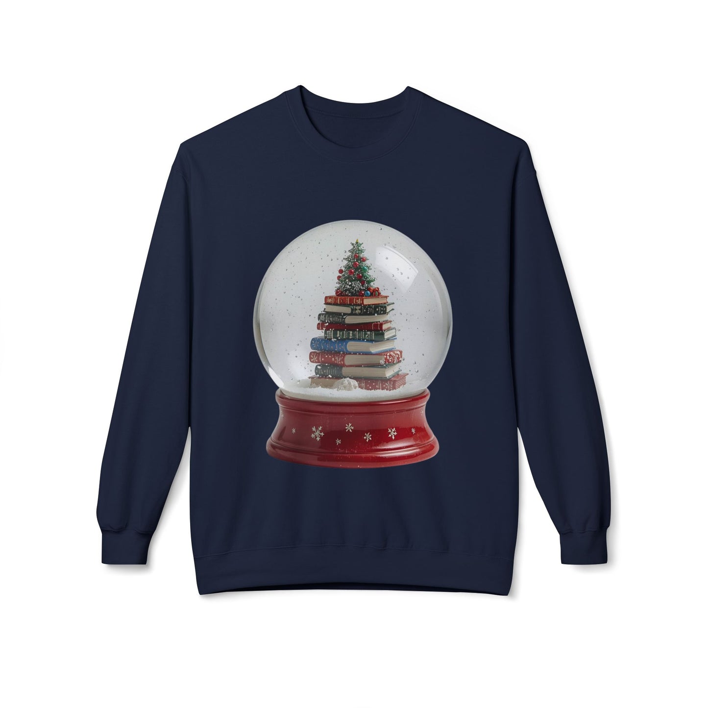 Navy blue sweatshirt with a graphic of a snow globe featuring a Christmas tree and books on a white background.