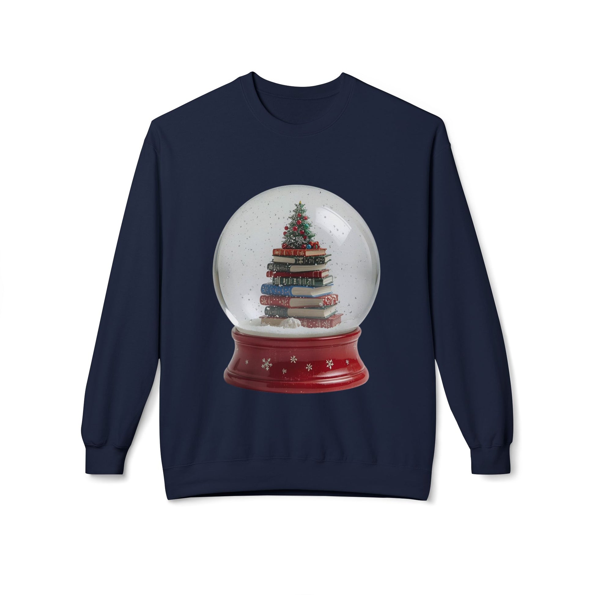 Navy blue sweatshirt with a graphic of a snow globe featuring a Christmas tree and books on a white background.