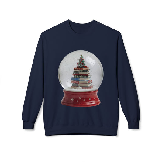 Navy blue sweatshirt with a graphic of a snow globe featuring a Christmas tree and books on a white background.
