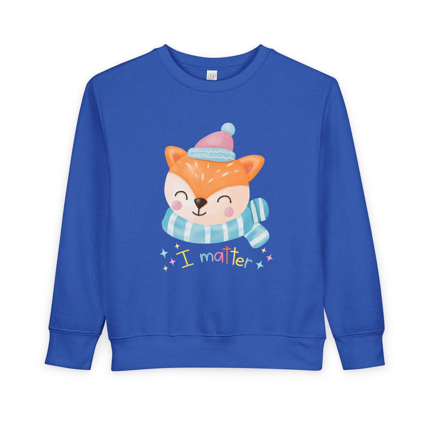 Blue toddler sweatshirt with a cartoon fox wearing a hat and scarf on a white background, text 'I Matter'