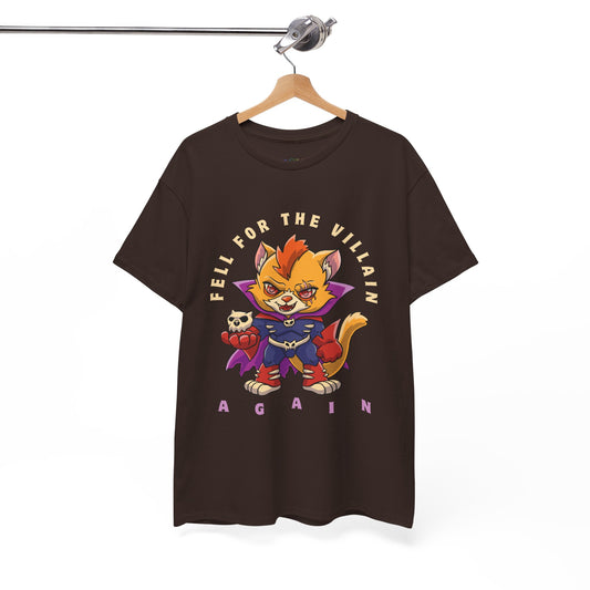 Brown t-shirt with a cartoon cat villain and text 'Fell For the Villain AGAIN'