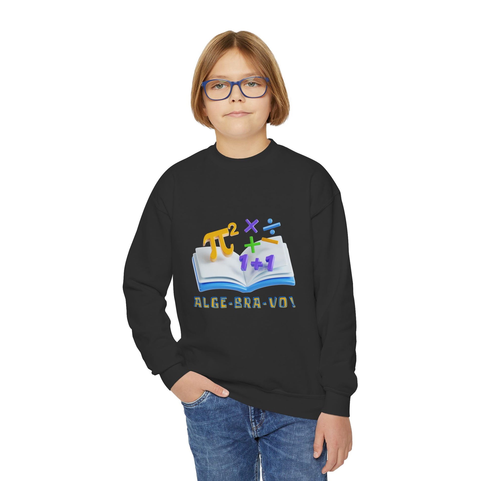Boy wearing a black sweatshirt with mathematical book design and 'ALGEBRA-VO!' text 