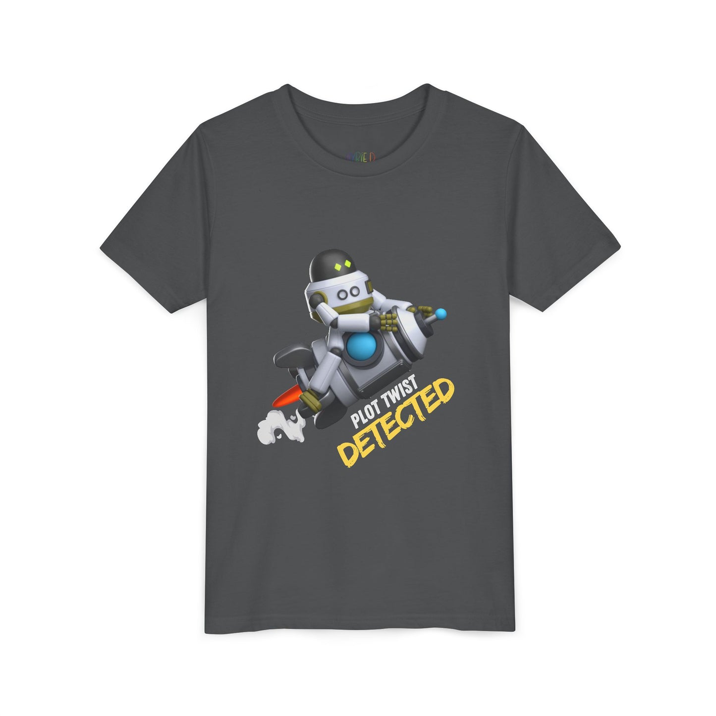Gray t-shirt with robot riding a rocket and text 'Plot Twist Detected' 