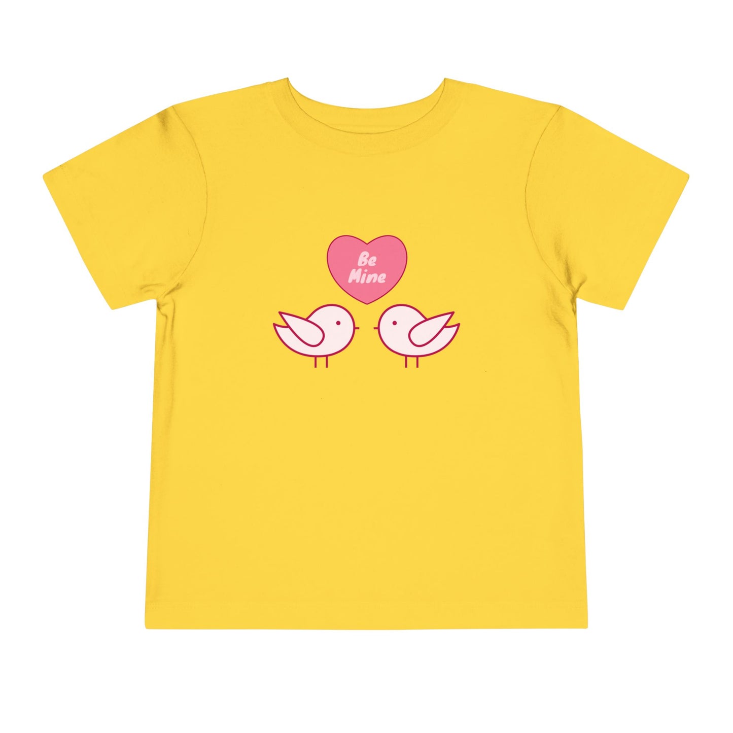 Yellow toddler t-shirt with pink heart, two pink birds and 'Be Mine' text 