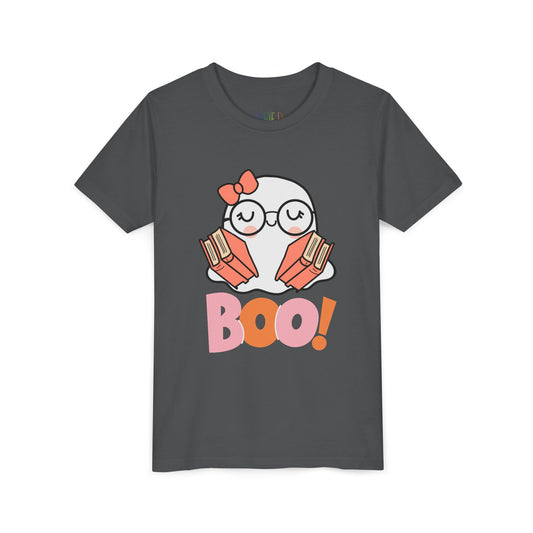 Gray t-shirt with an eyeglass wearing ghost holding two armfuls of books and 'BOO!' text