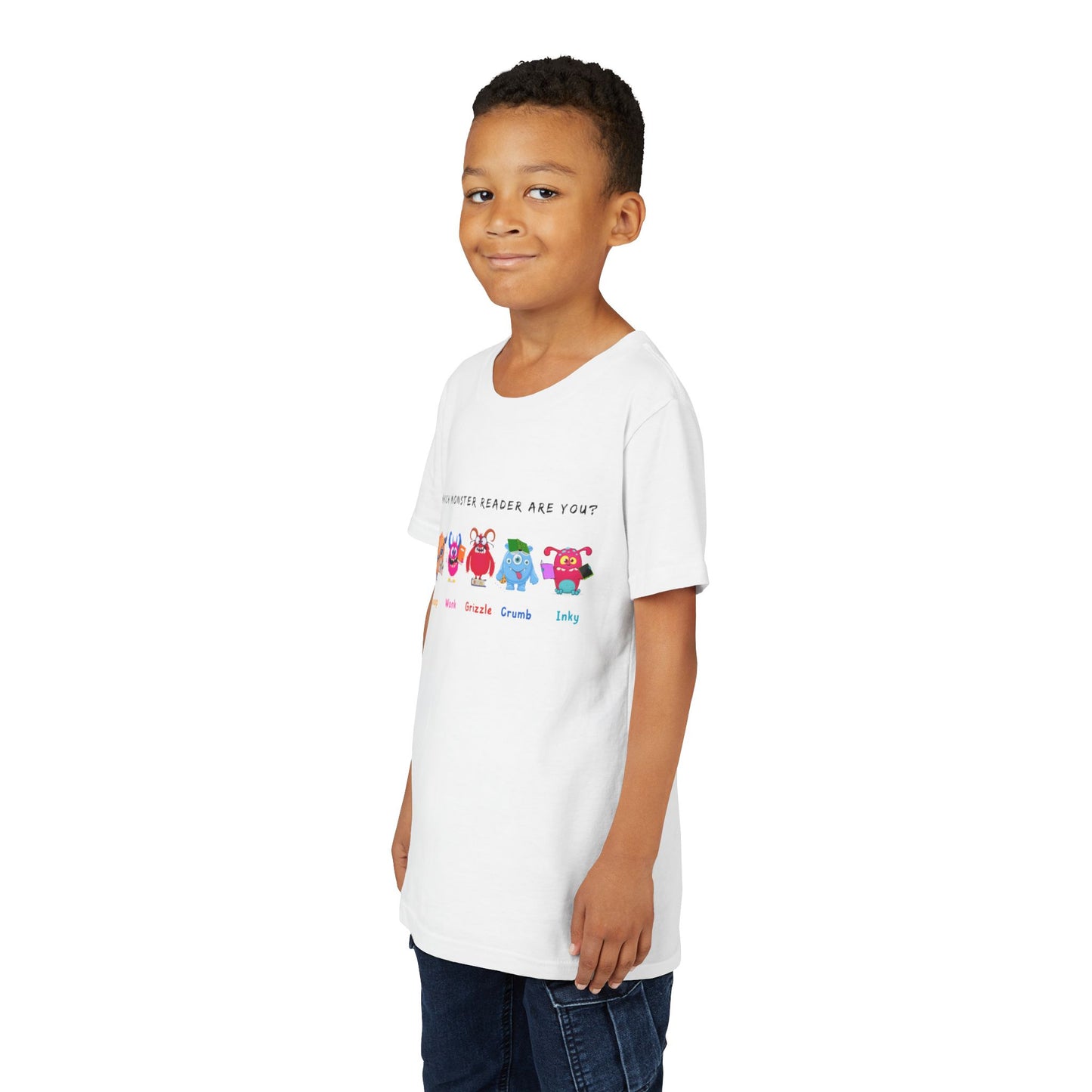 Boy wearing a white t-shirt with colorful monster and text 'Which Monster Reader Are You?'