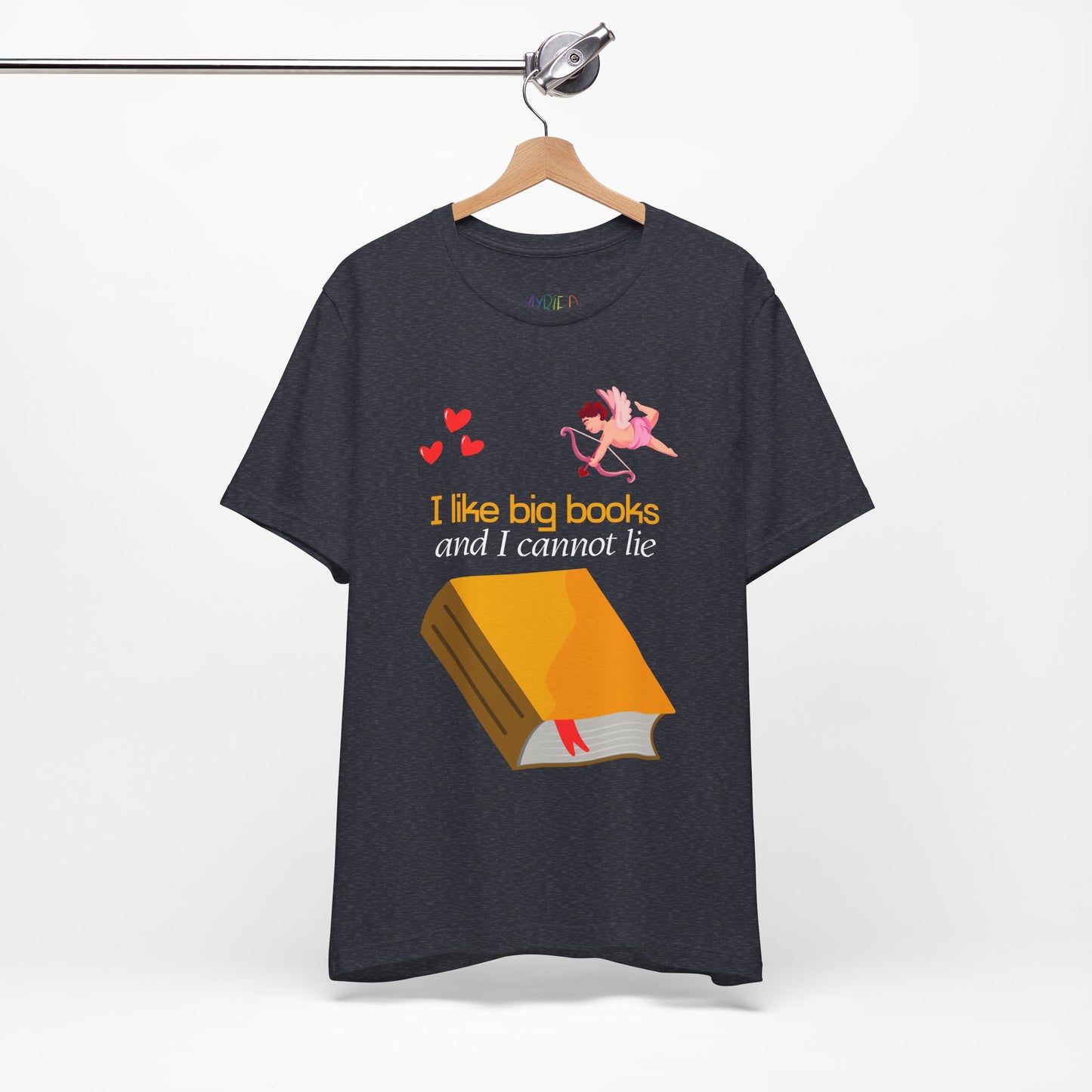 Heather navy t-shirt with a cupid pointing an arrow at a large book and the words "I like big books and I cannot lie"