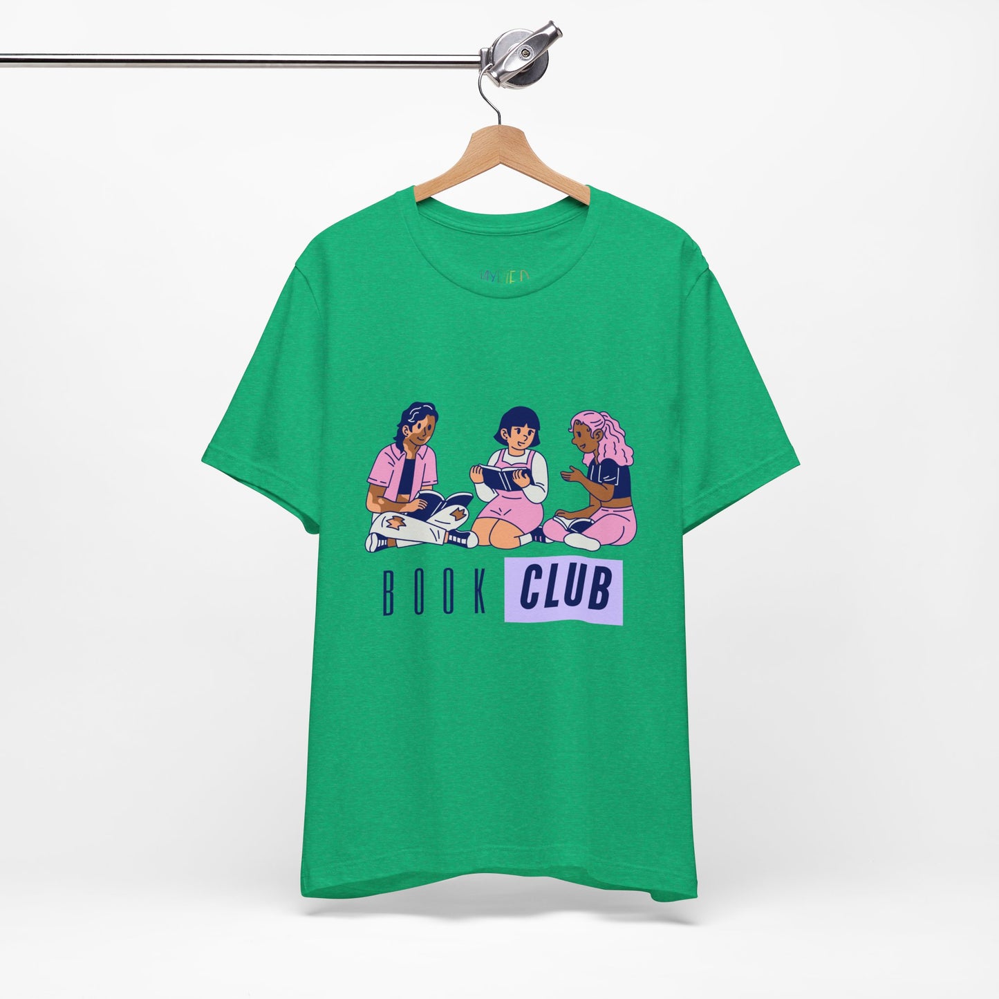 Green t-shirt with three diverse people and text 'Book Club' 