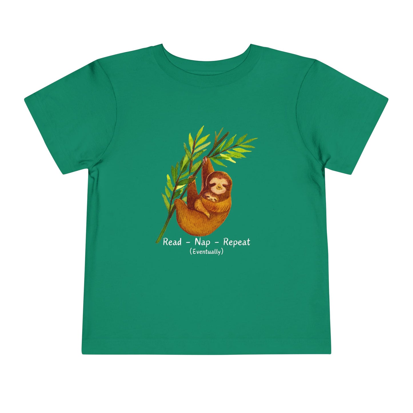 Green toddler t-shirt with a mama and baby sloth, and text 'Read - Nap - Repeat (Eventually)' 
