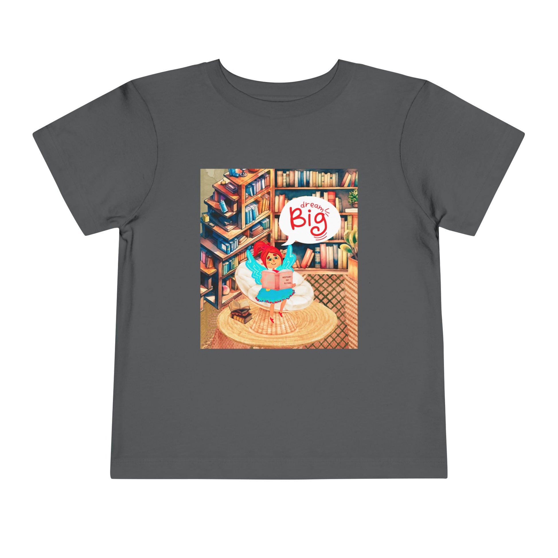 Gray t-shirt with a colorful library graphic of a fairy reading a book and thought bubble text 'Dream Big'