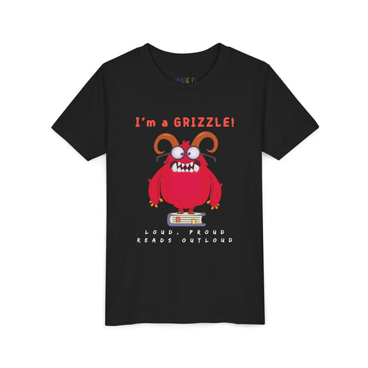 Black t-shirt with a red eye glass wearing monster standing on a book and announcing 'I'm a GRIZZLE!'