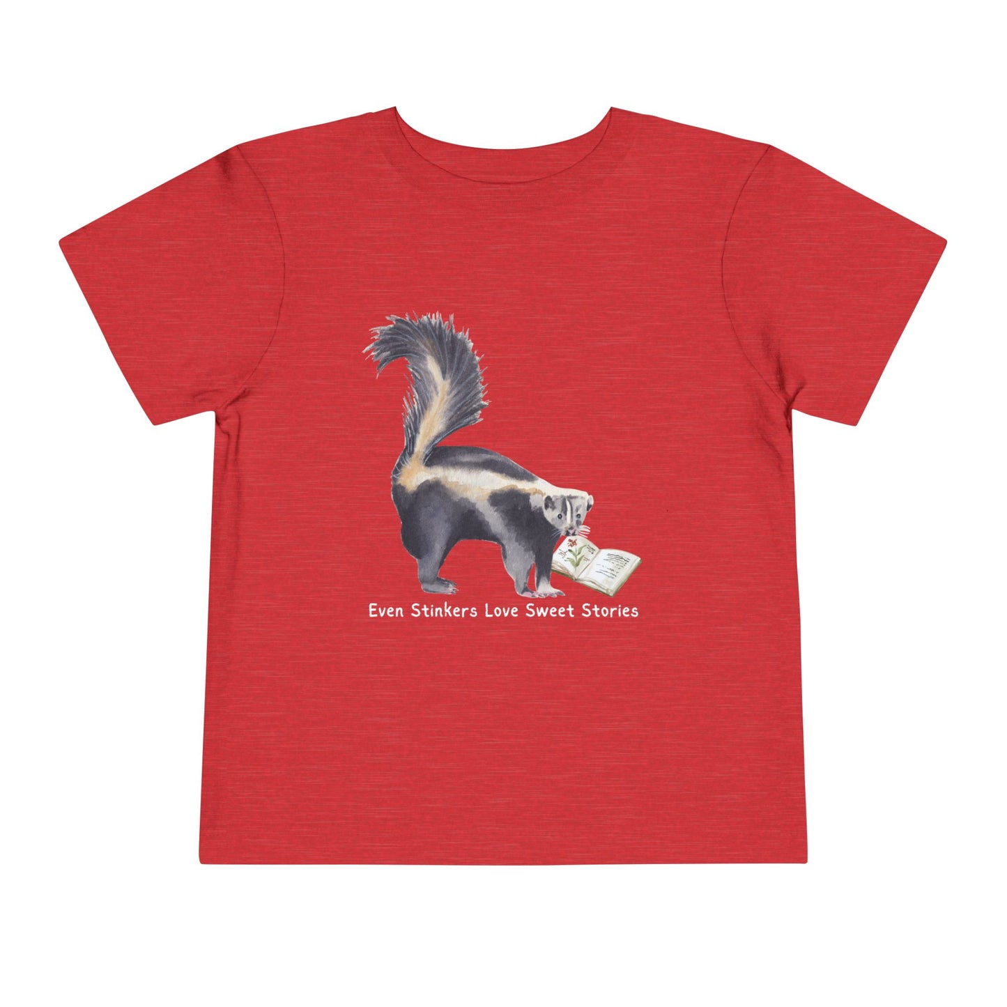 Red toddler t-shirt with a skunk reading a book and text 'Even Stinkers Love Sweet Stories' 