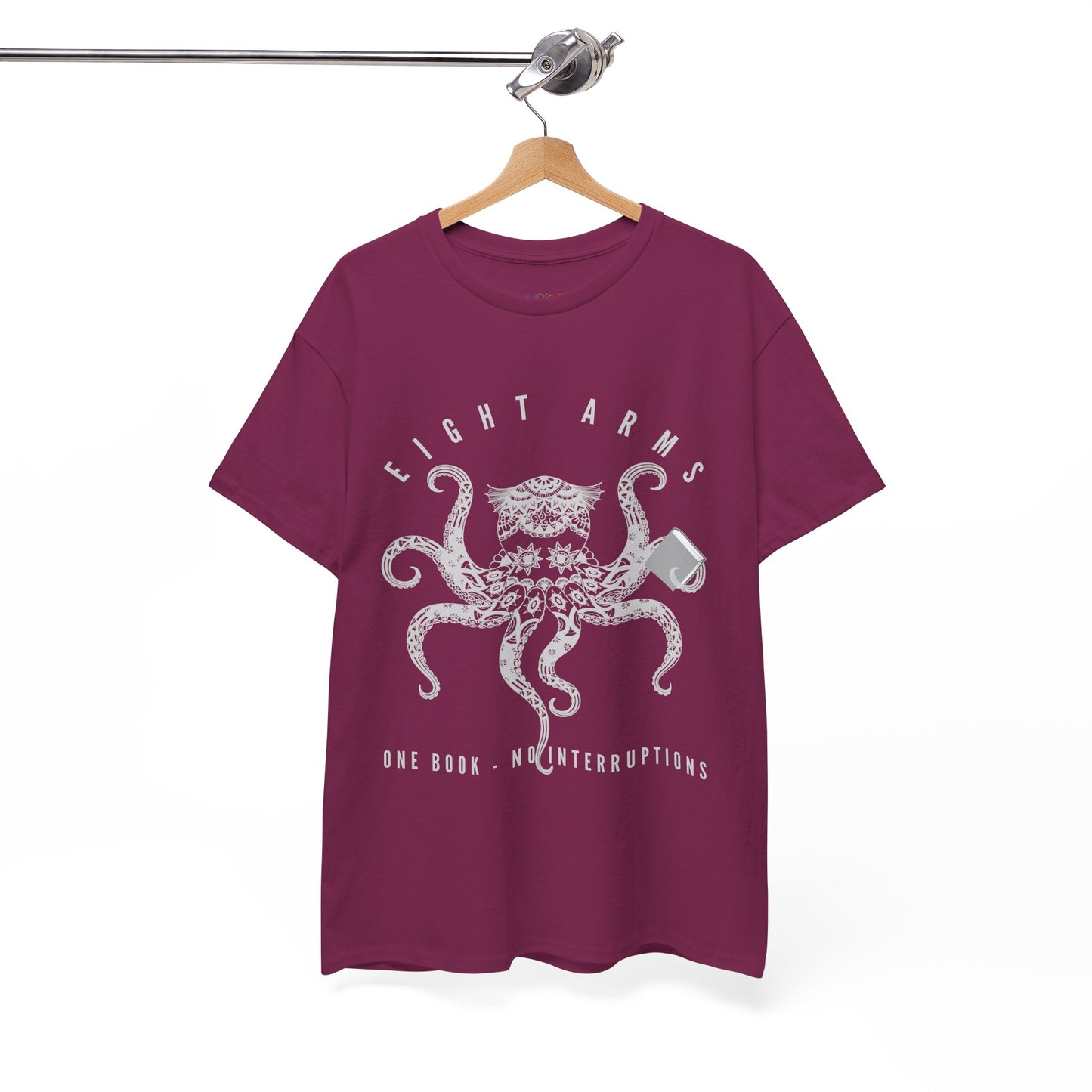 Berry t-shirt with an octopus design holding a book and text 'Eight Arms, One Book, No Interruptions'