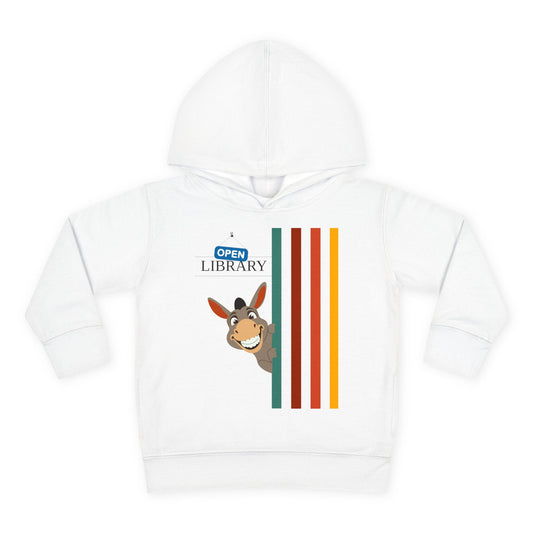 White toddler hoodie with a cartoon donkey peeking around a rainbow wall, as an 'Open Library' sign hangs above its head