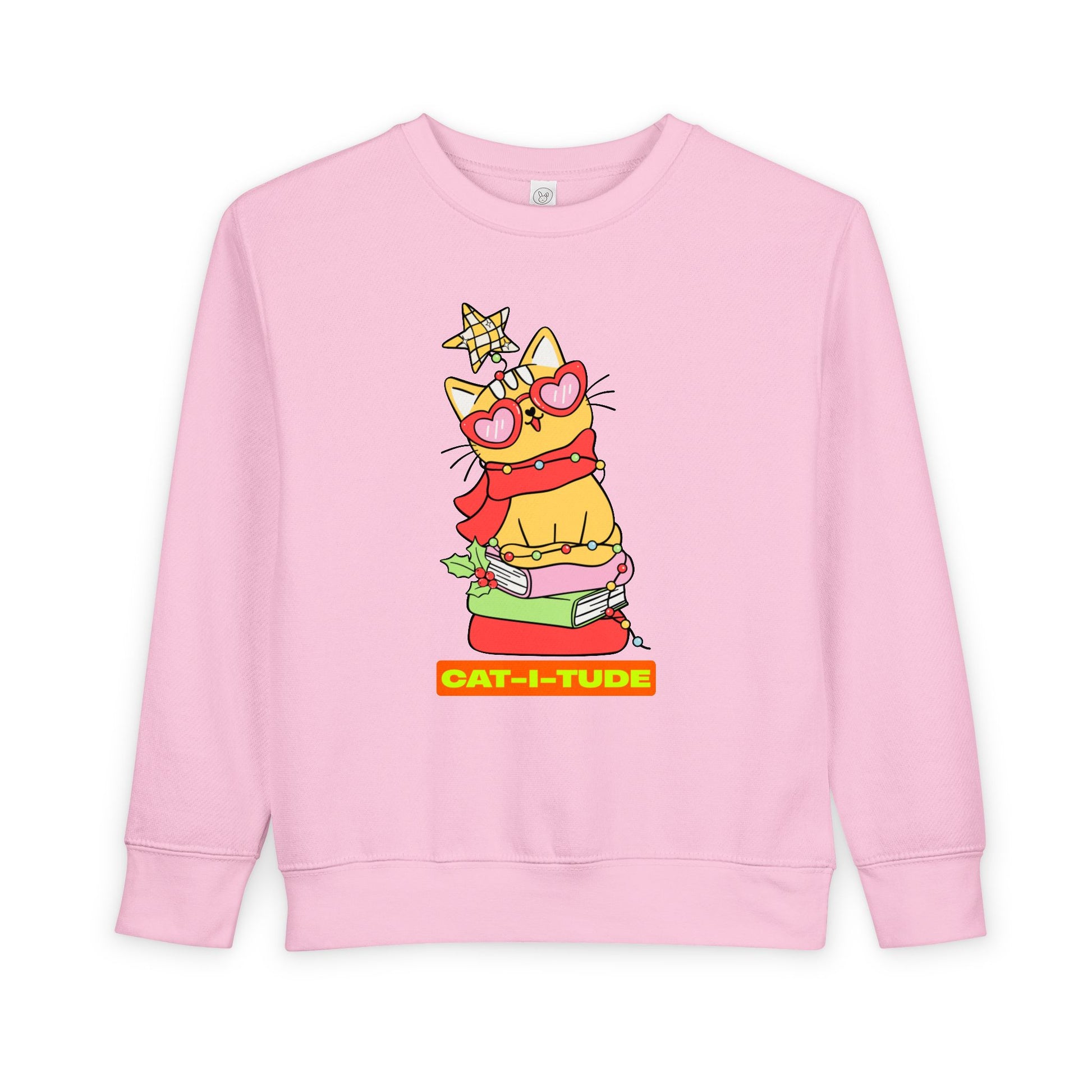 Pink toddler sweatshirt with a cat graphic and 'CAT-I-TUDE' text on a white background