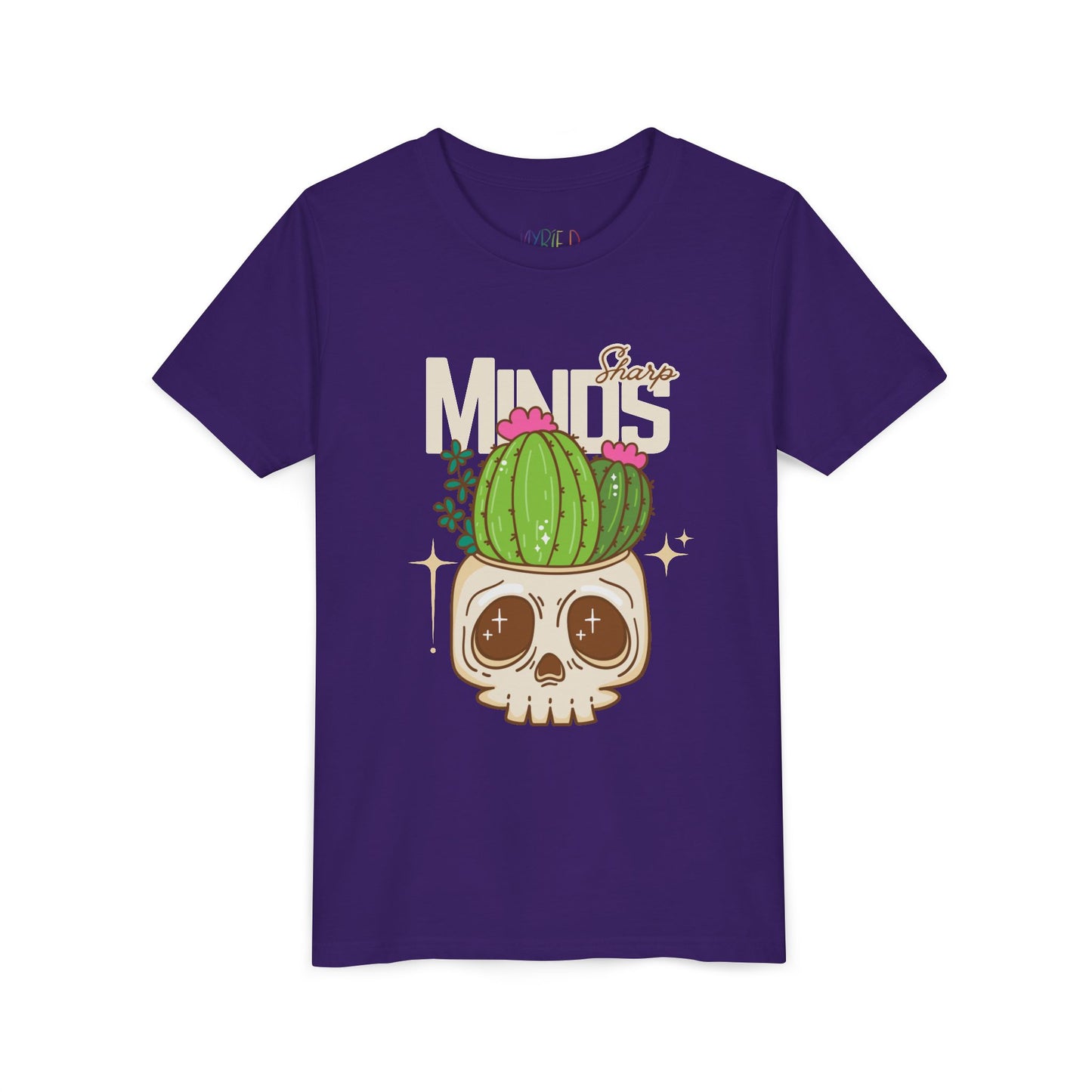 Purple t-shirt with a cactus growing out of a skull and text 'Sharp Minds'
