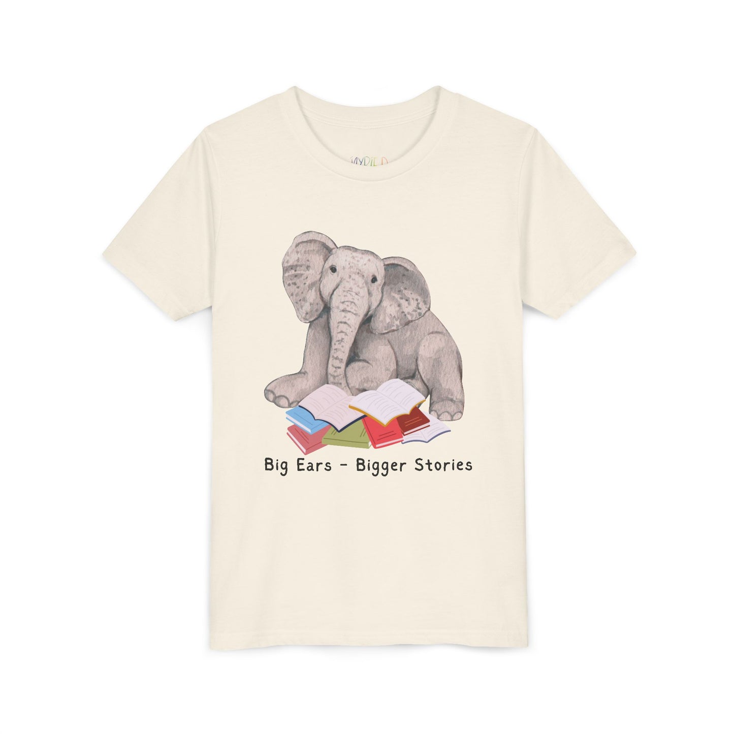 Youth Big Ears – Bigger Stories Tee – Elephant Reading Shirt for Thoughtful Little Listeners