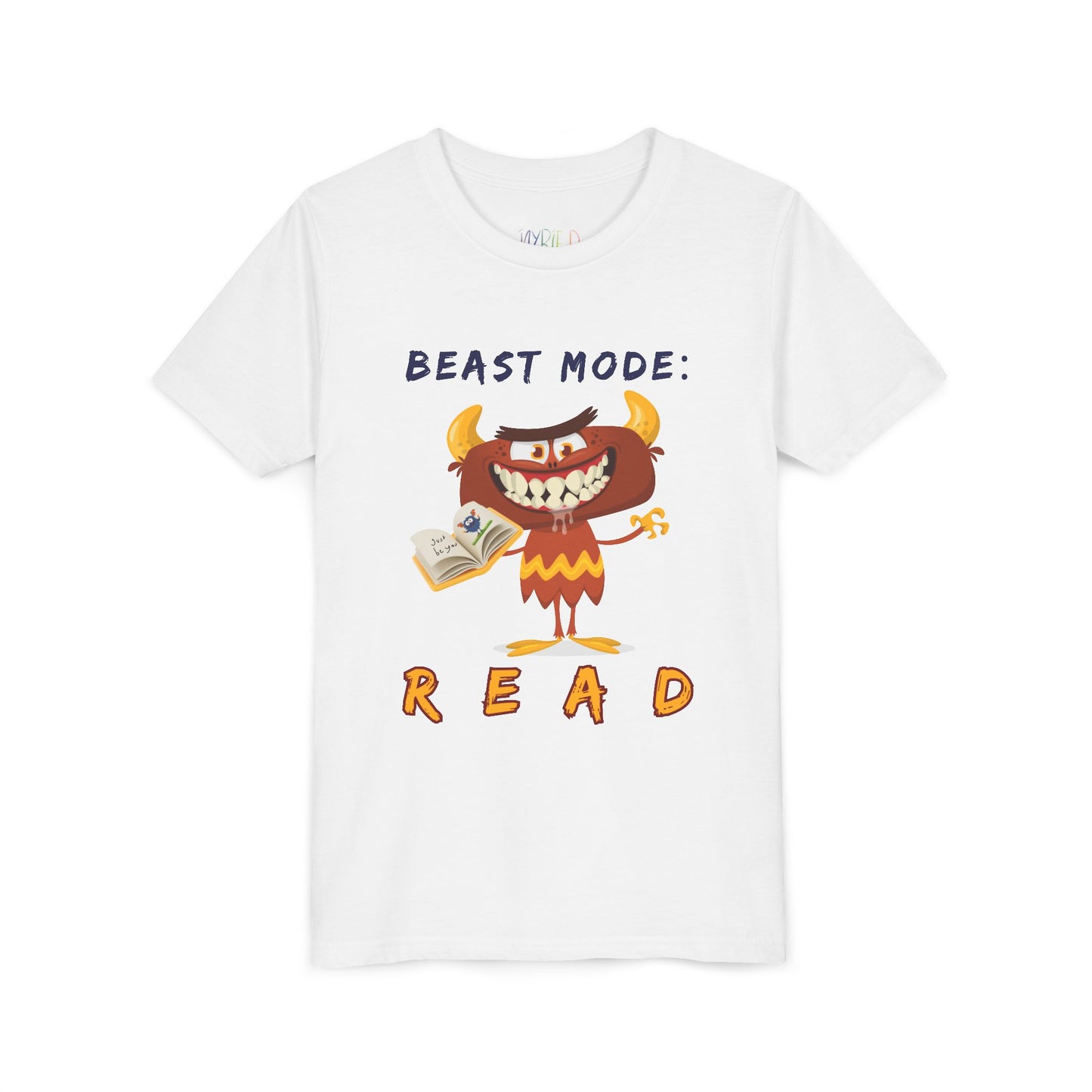 White t-shirt with a toothy, drooling, cartoon monster holding an open book and 'BEAST MODE: READ' text