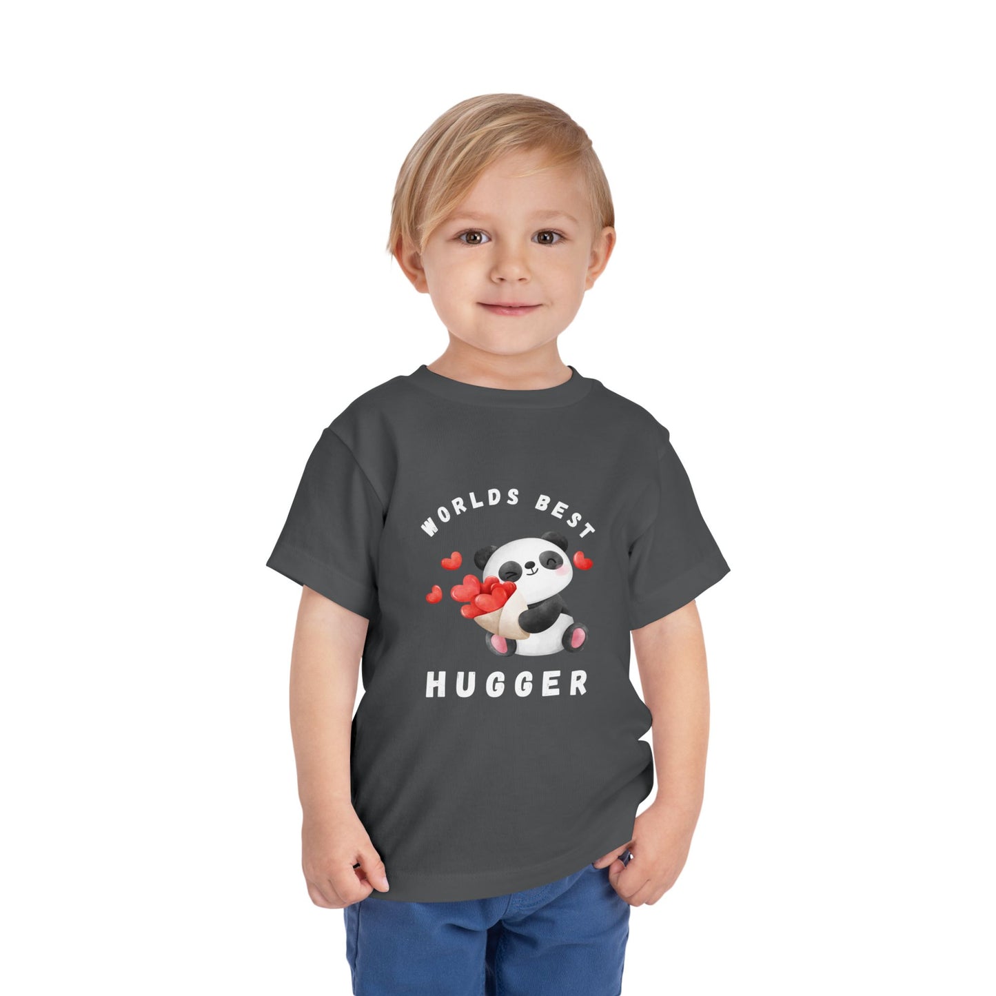 Child wearing a gray toddler t-shirt with a panda holding hearts and 'Worlds Best Hugger' text 