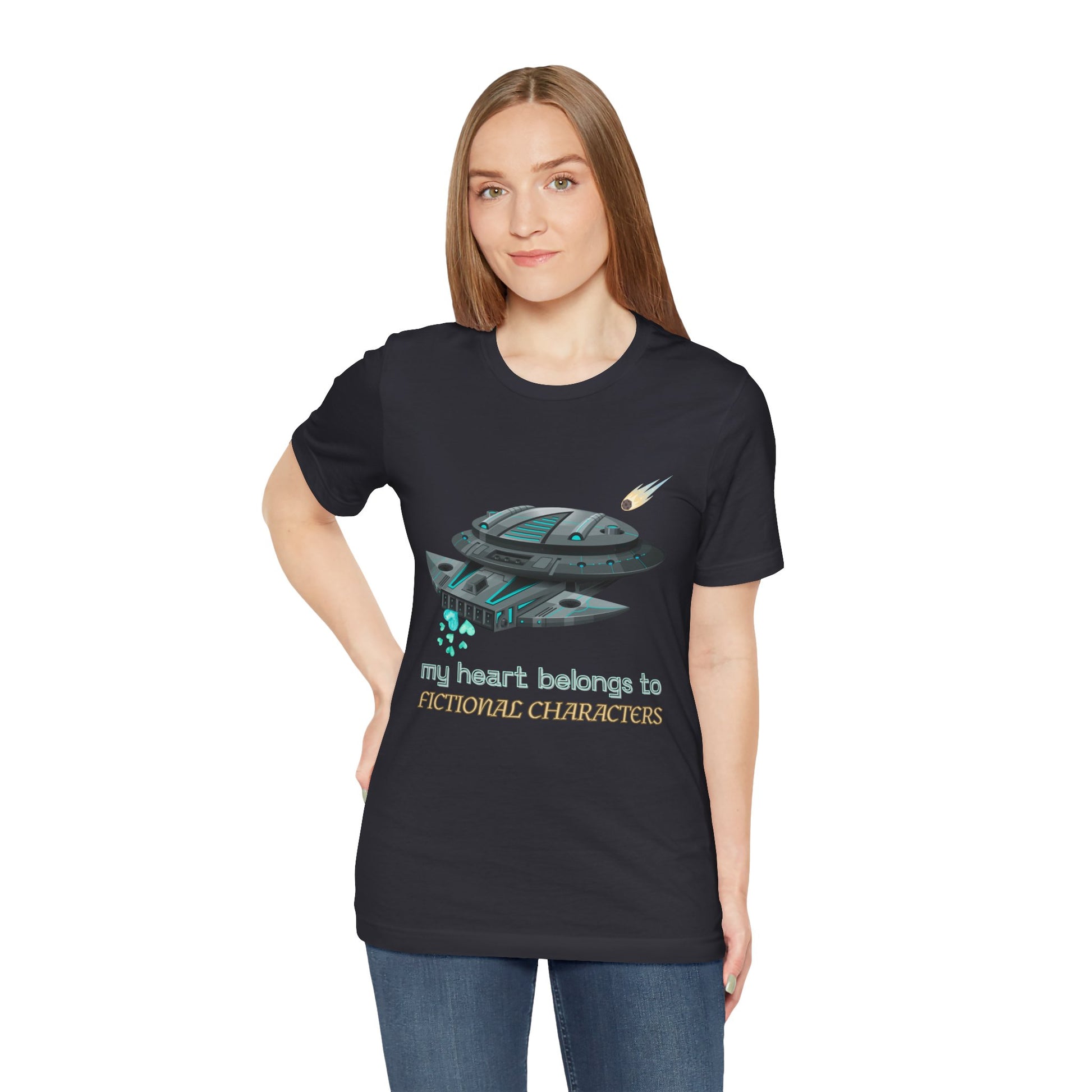 Woman wearing a dark grey t-shirt with a spaceship and text 'My Heart Belongs To Fictional Characters'
