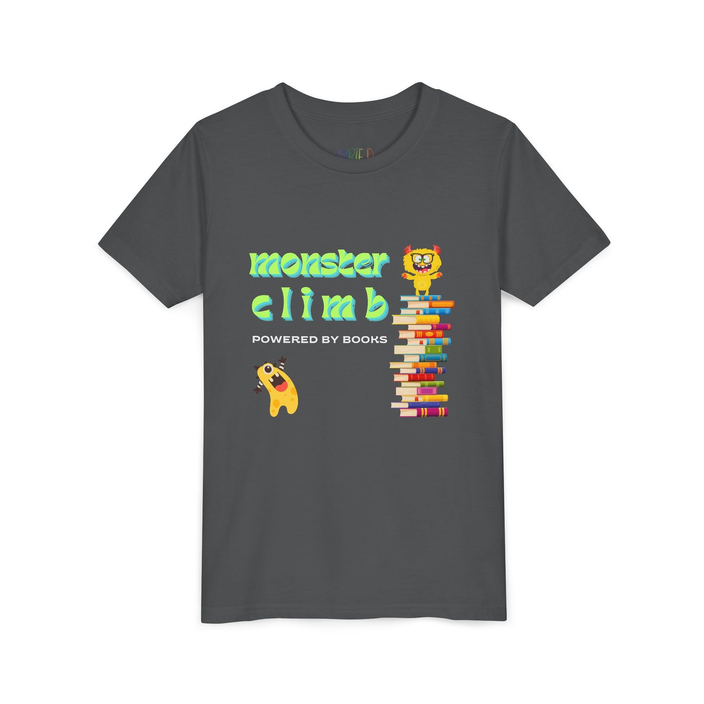 Gray t-shirt with one very excited monster looking up at a fellow monster standing on top of a stack of books and text 'Monster Climb Powered By Books'