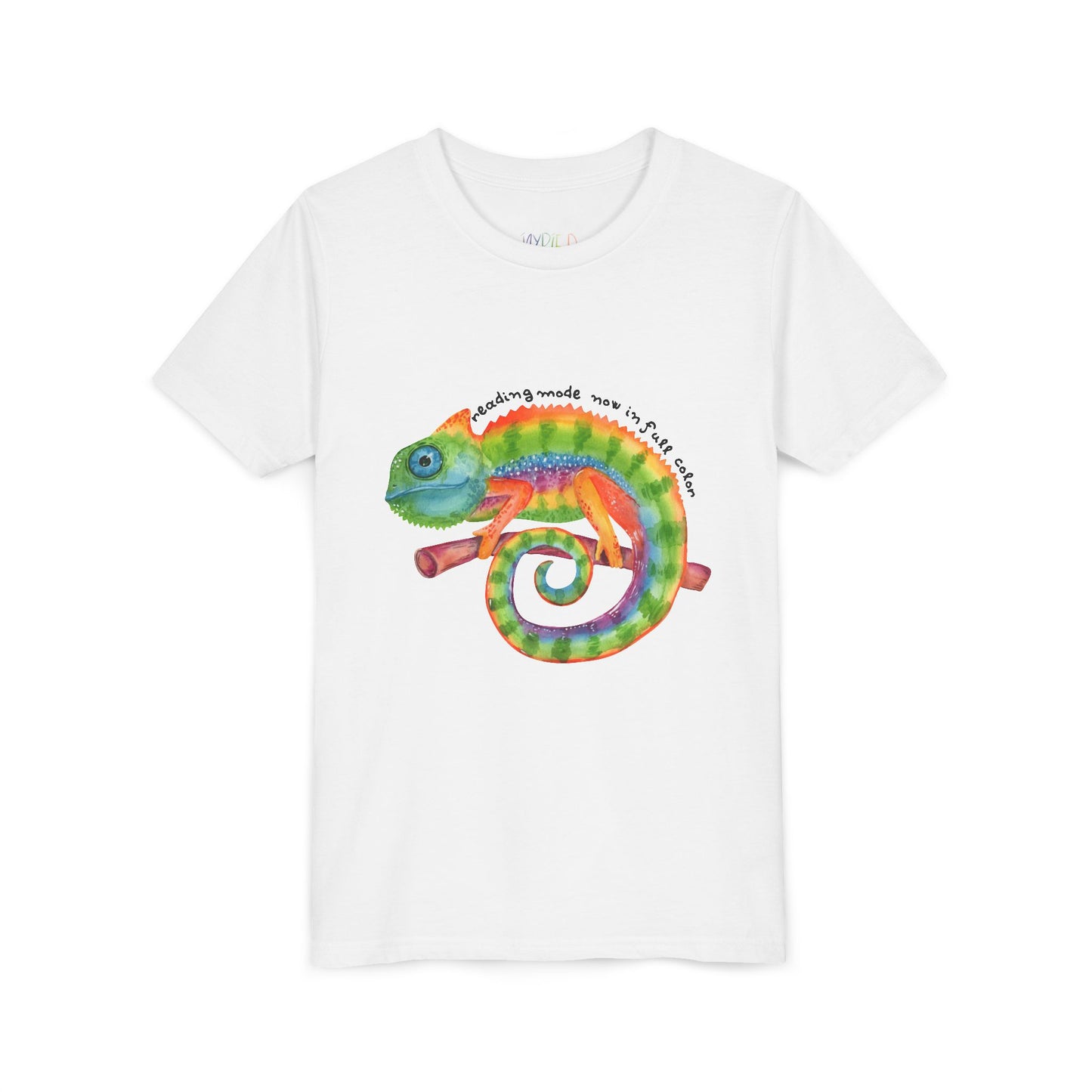 White t-shirt with a colorful chameleon and text 'reading mode now in full color'