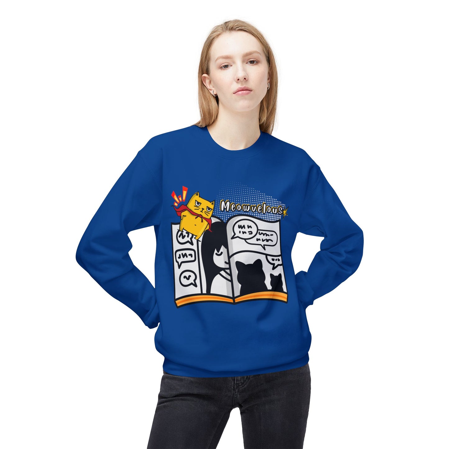 Teen/Adult Unisex Meowvelous Sweatshirt, Super Cat Comic Reader Crewneck
