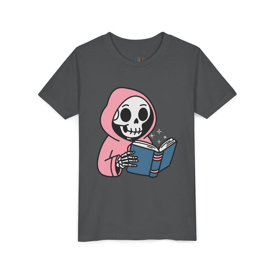Youth Spooky Storytime Tee – Cute Skeleton Reader Halloween Shirt