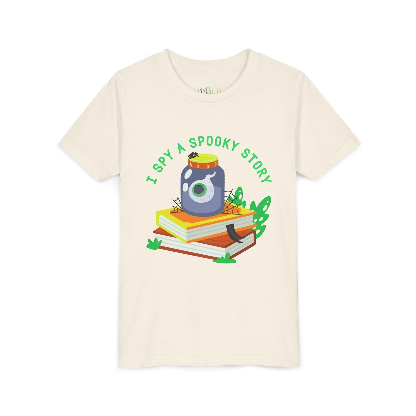 Beige t-shirt with a graphic design of a jar with an eyeball, books, a spider and text 'I Spy A Spooky Story'
