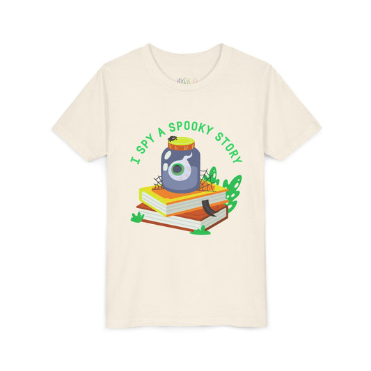 Beige t-shirt with a graphic design of a jar with an eyeball, books, a spider and text 'I Spy A Spooky Story'