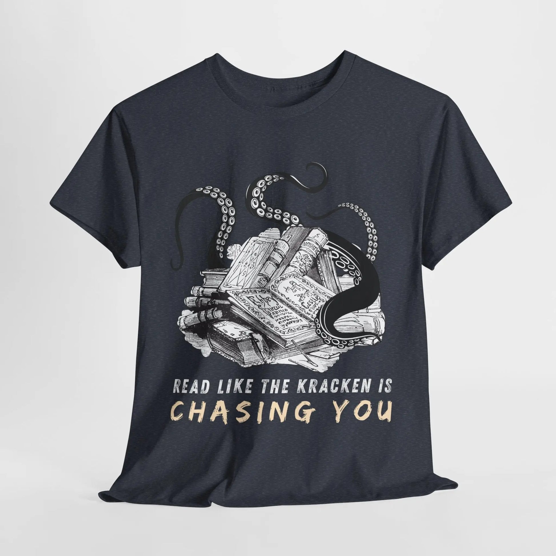 Gray t-shirt with a graphic of an octopus encasing a pile of books, text 'Read like the kracken is chasing you'