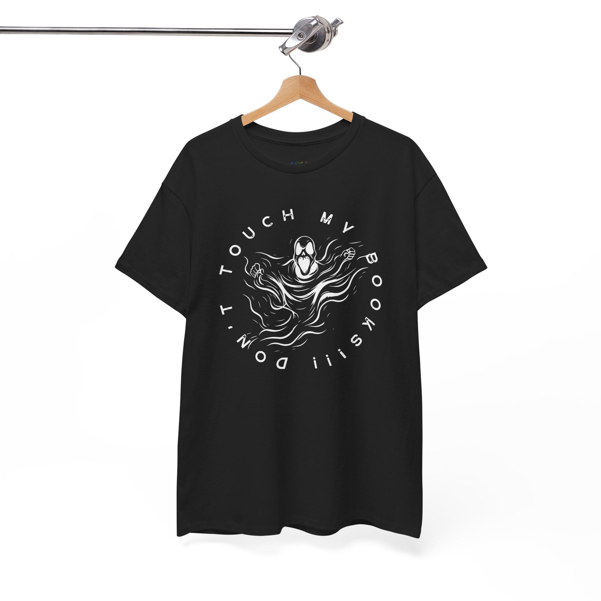 Black t-shirt with a ghost or spirit graphic design and text 'Don't Touch My Books!!!'