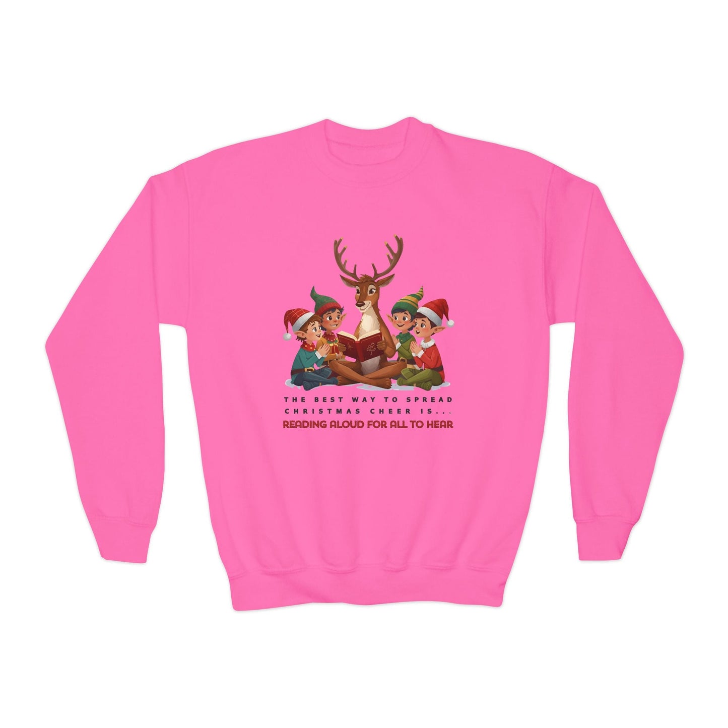 Youth Christmas Cheer Reading Sweatshirt â€“ Reindeer Storytime Design Printify