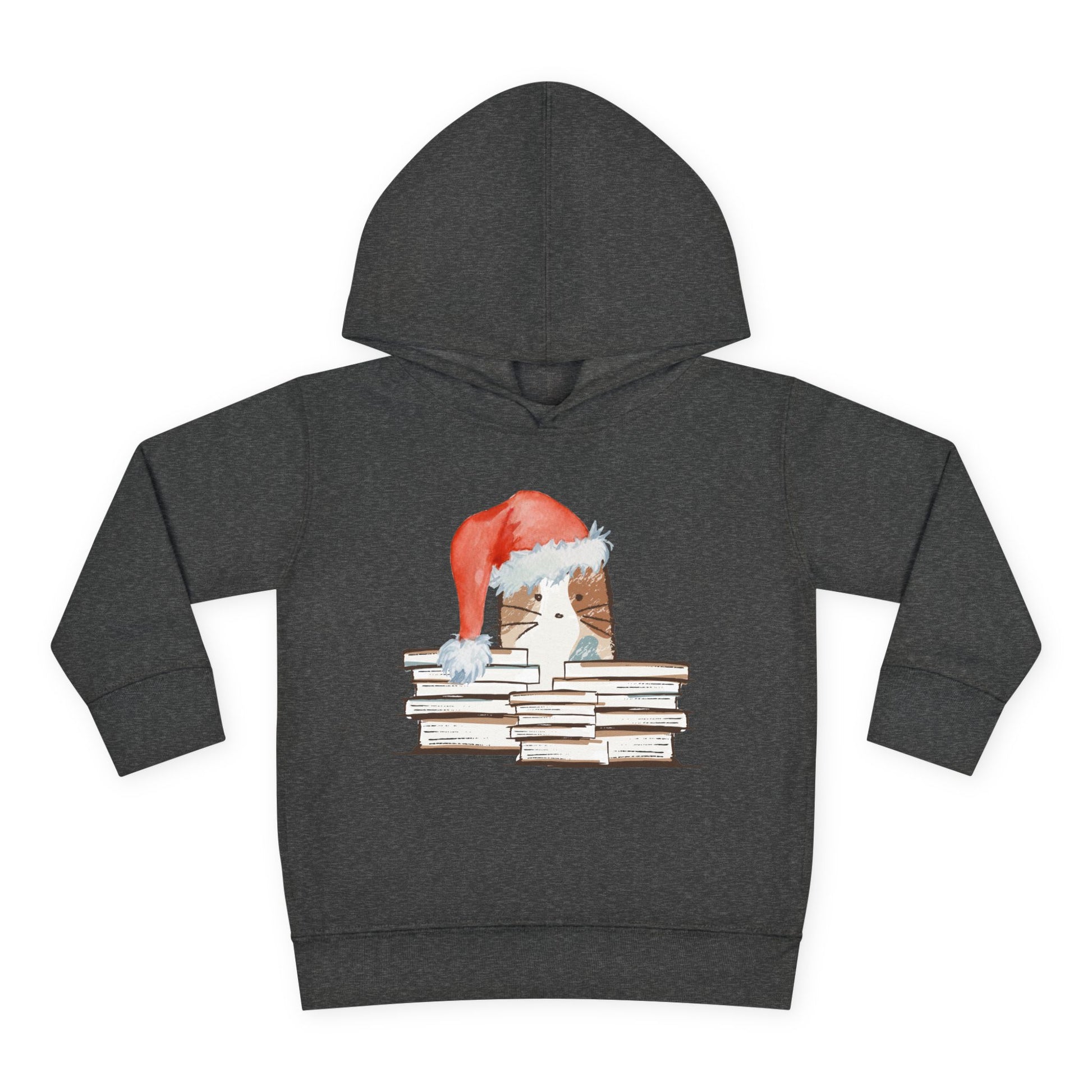 Dark gray hoodie with a graphic of a cat in a Santa hat behind a stack of books