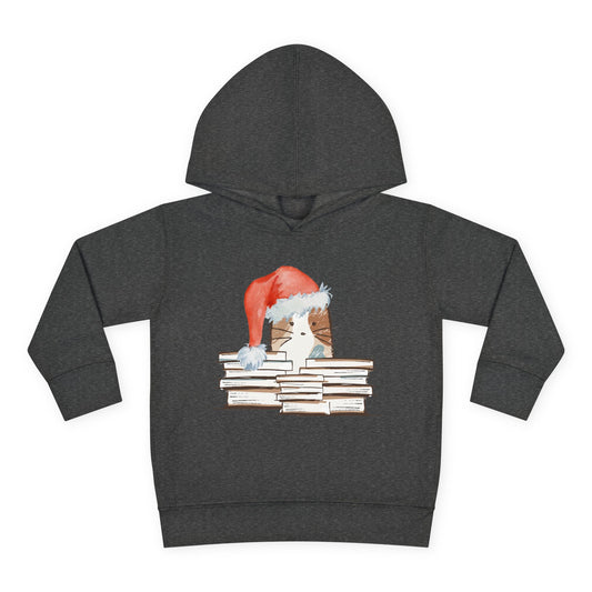 Dark gray hoodie with a graphic of a cat in a Santa hat behind a stack of books