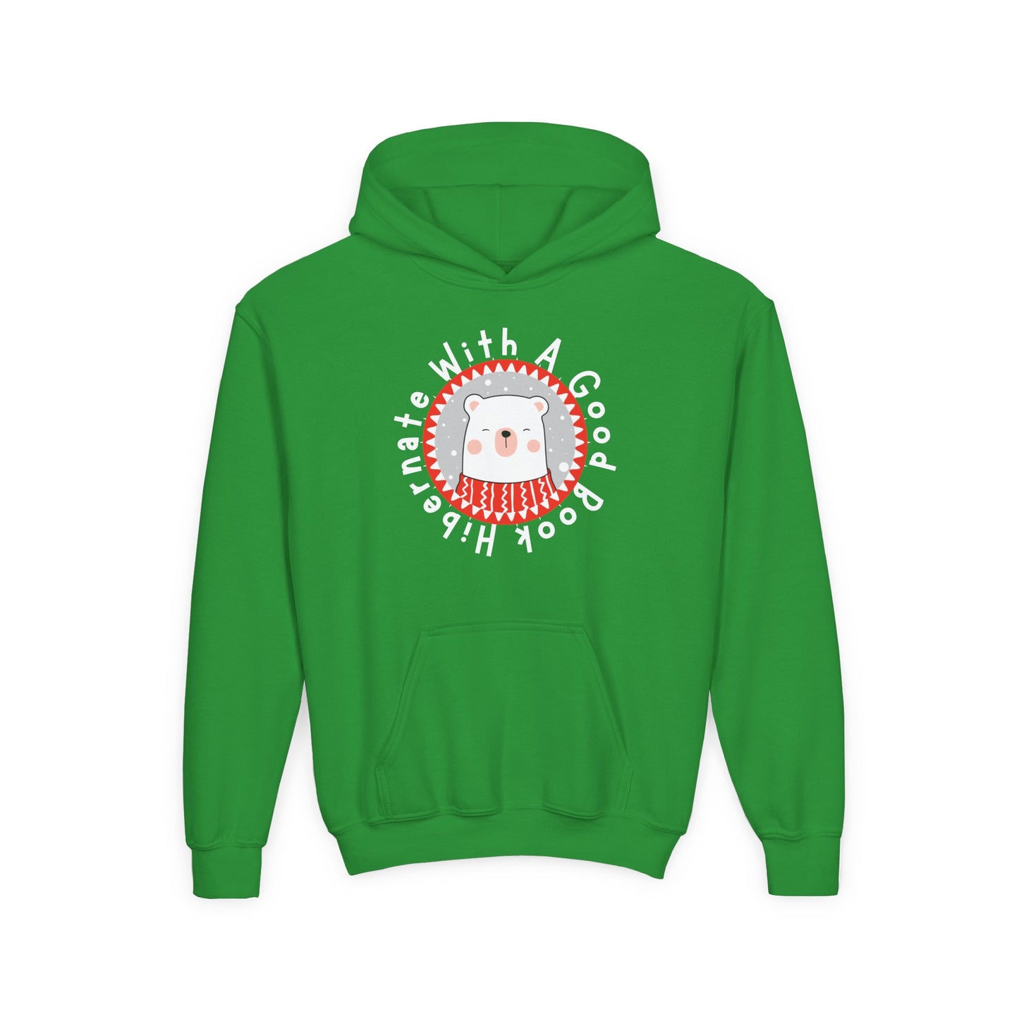 Green hoodie with a cartoon polar bear design and text "Hibernate With a Good Book" on the back against a white background