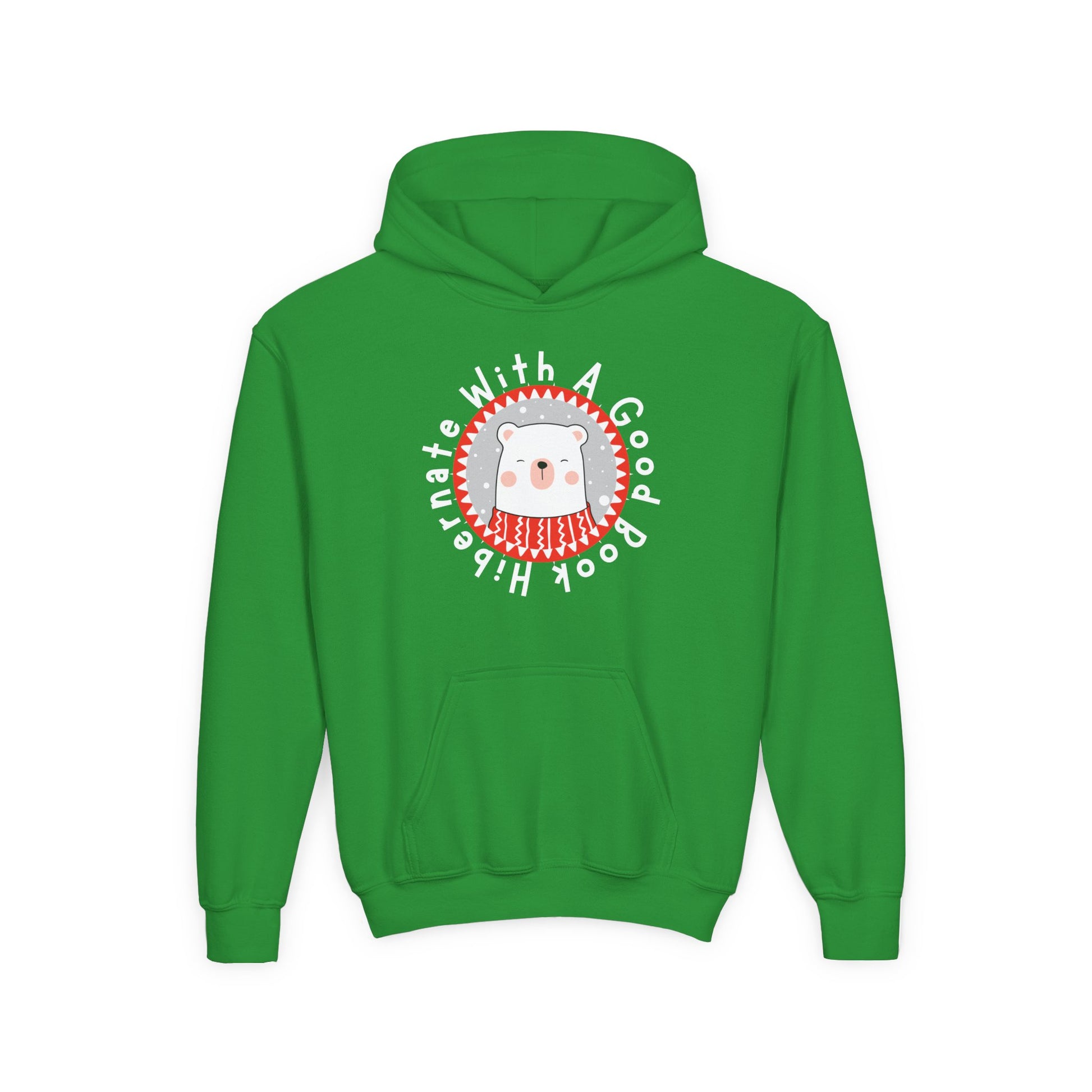 Green hoodie with a cartoon polar bear design and text "Hibernate With a Good Book" on the back against a white background