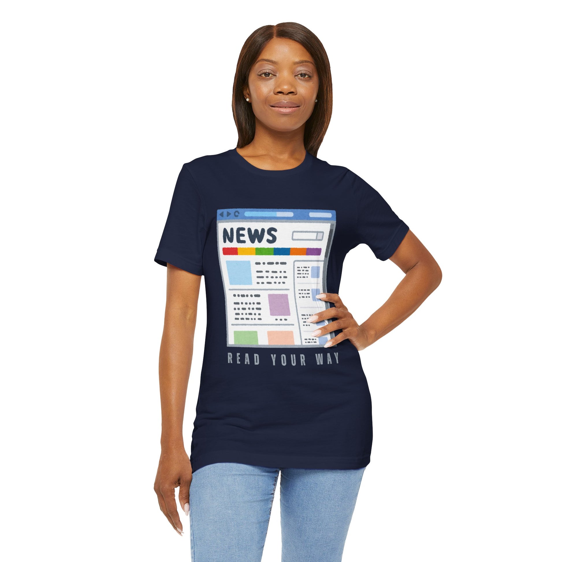 Woman wearing a navy blue t-shirt with a graphic of a news website and text 'Read Your Way' 