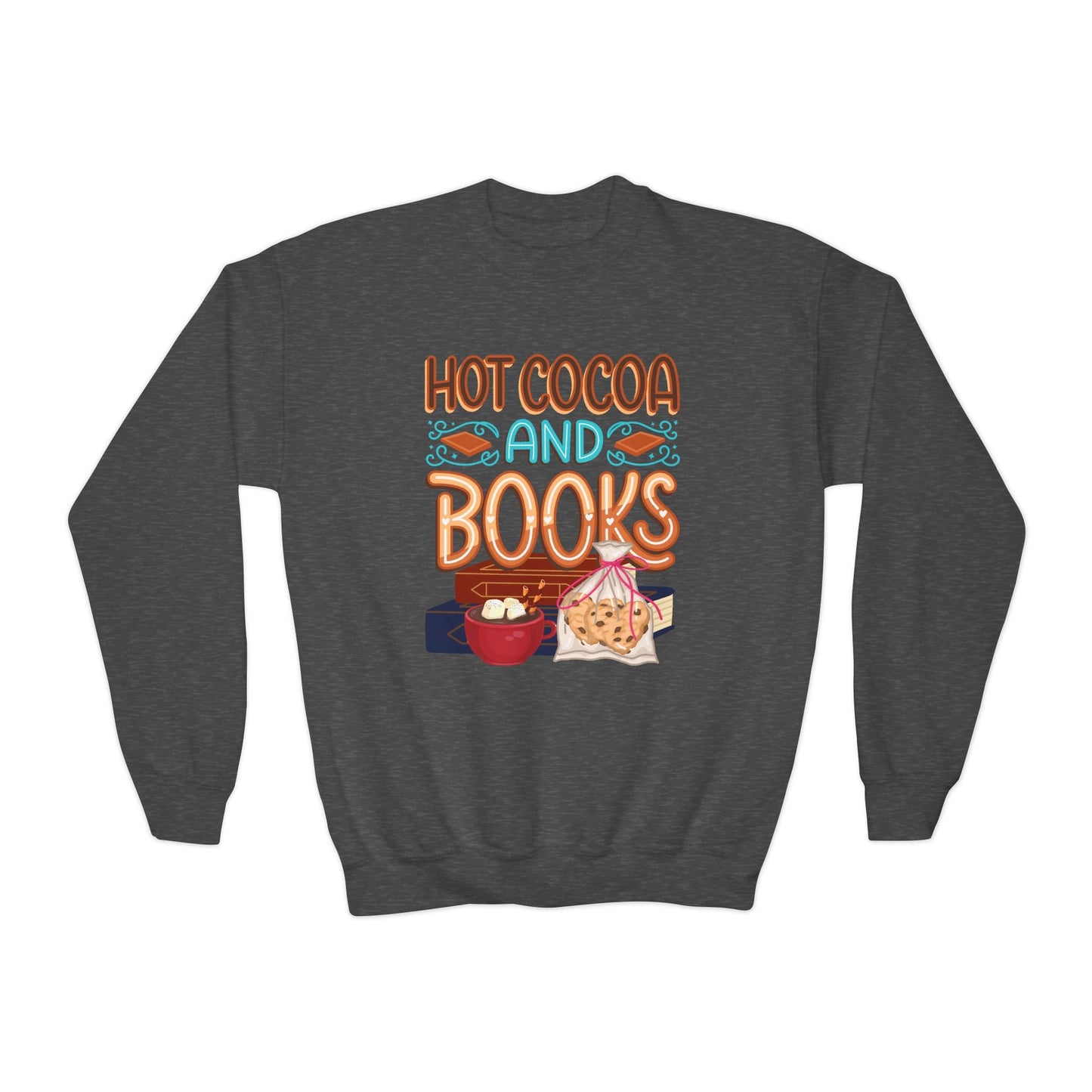 Youth Hot Cocoa and Books Sweatshirt â€“ Cozy Winter Reading Design Printify